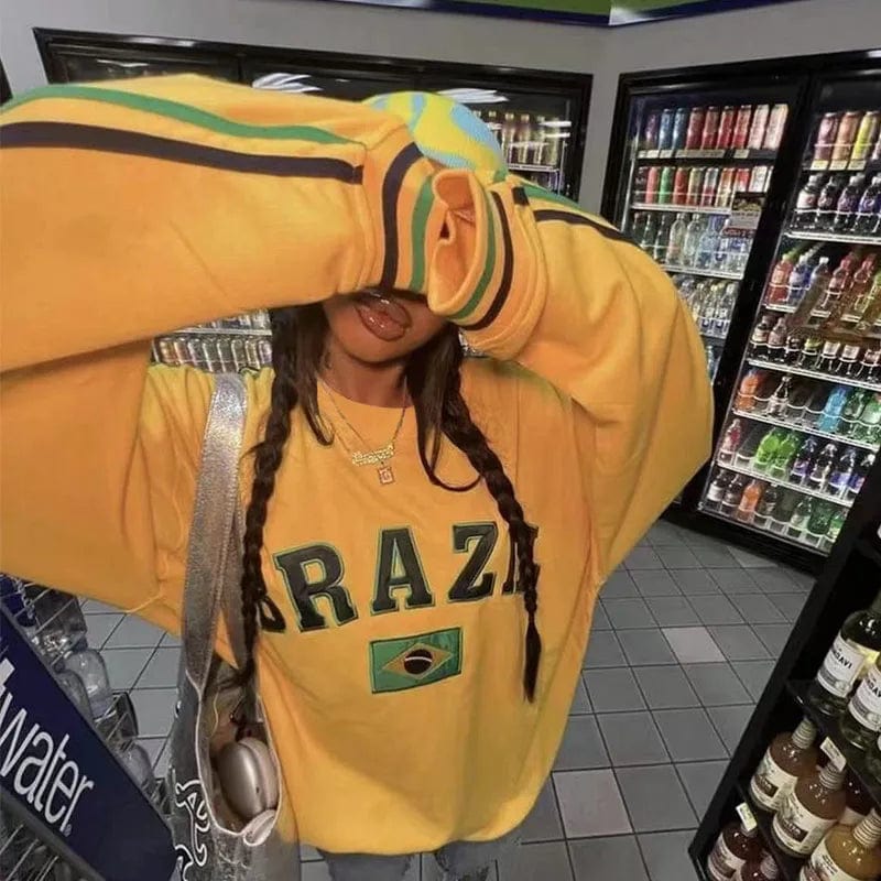 Eleganza Italiana Punk Gothic Grunge Fashion Y2k Brazil Flag Graphic Sweatshirt Autumn 00s Loose O-neck Pullover Long Sleeve Yellow Streetwear Top Streetwear high fashion shein amazon temu target Walmart online