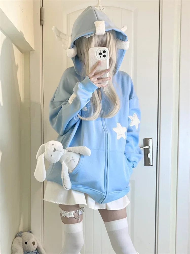 Eleganza Italiana QWEEK Japanese Y2K Zip Up Blue Hoodie Women Harajuku Kawaii Angel Wings Pink Sweatshirts Oversized Subculture Star Black Jacket Streetwear high fashion shein amazon temu target Walmart online