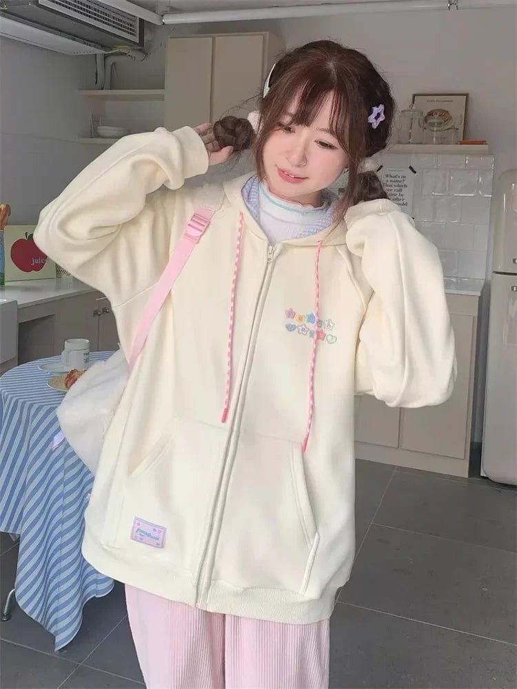 Eleganza Italiana QWEEK Korean Style Cute Zip Up Hoodie Women Y2K Girly Kawaii Hooded Jacket Oversize Japanese Harajuku Sweet Embroidery Outerwear Streetwear high fashion shein amazon temu target Walmart online