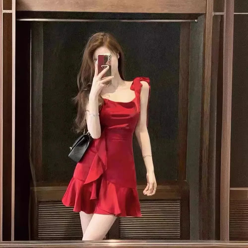 Eleganza Italiana Red Camisole Dress for Women in Spring and Summer New Design Sense Temperament Waist Reduction Slimming Short Skirt Streetwear high fashion shein amazon temu target Walmart online