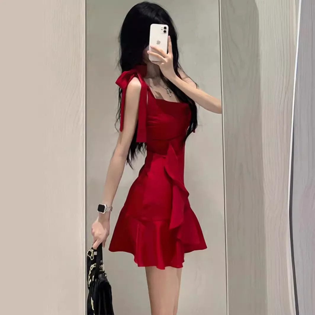 Eleganza Italiana Red Camisole Dress for Women in Spring and Summer New Design Sense Temperament Waist Reduction Slimming Short Skirt Streetwear high fashion shein amazon temu target Walmart online