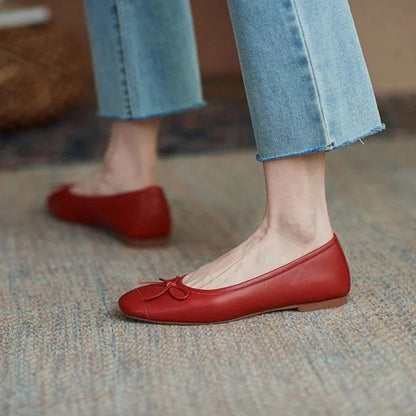 Eleganza Italiana Red with Bow Normal Leather Casual Kawaii Flat Cute Moccasins Flats Ladies Footwear Women&