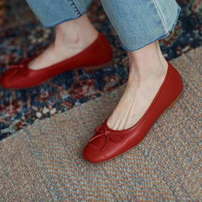 Eleganza Italiana Red with Bow Normal Leather Casual Kawaii Flat Cute Moccasins Flats Ladies Footwear Women&