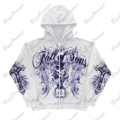 Eleganza Italiana Retro Fashion Gothic Skull Bone Print Oversized Hoodie women Y2K Street Hip Hop Versatile Slim Casual Sweater Clothes Streetwear high fashion shein amazon temu target Walmart online