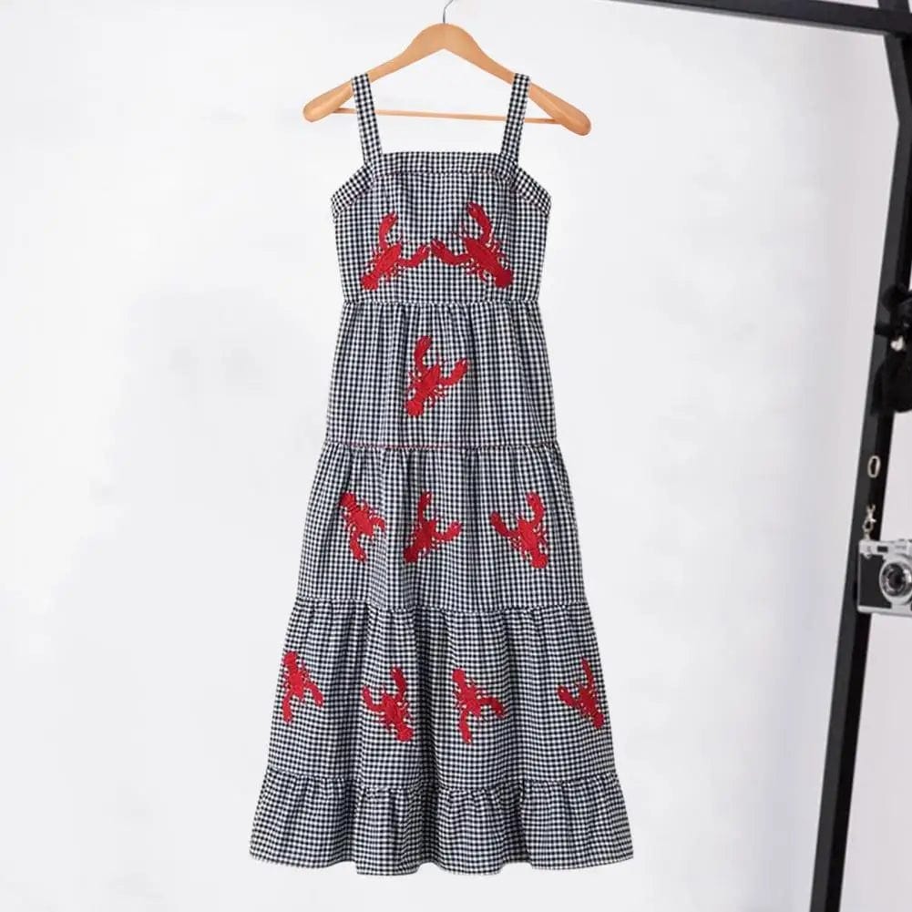 Eleganza Italiana Retro Style Midi Dress Embroidered Lobster Plaid Midi Dress for Summer Vacation A-line Style with Square Neck Loose Hem Soft Streetwear high fashion shein amazon temu target Walmart online