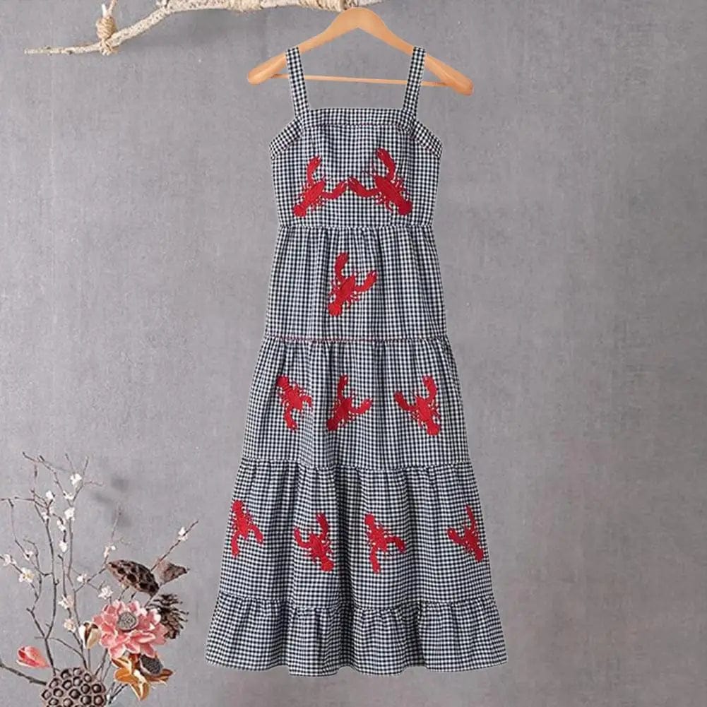 Eleganza Italiana Retro Style Midi Dress Embroidered Lobster Plaid Midi Dress for Summer Vacation A-line Style with Square Neck Loose Hem Soft Streetwear high fashion shein amazon temu target Walmart online