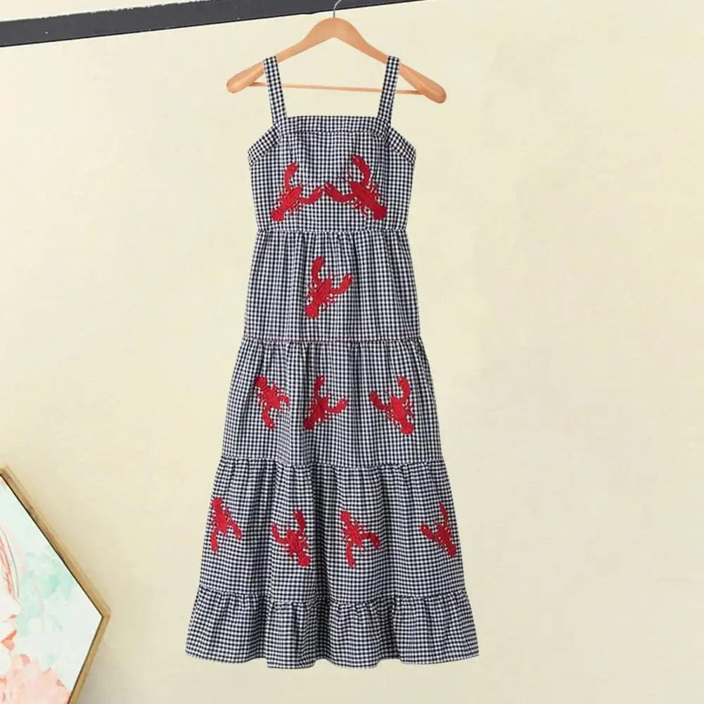 Eleganza Italiana Retro Style Midi Dress Embroidered Lobster Plaid Midi Dress for Summer Vacation A-line Style with Square Neck Loose Hem Soft Streetwear high fashion shein amazon temu target Walmart online