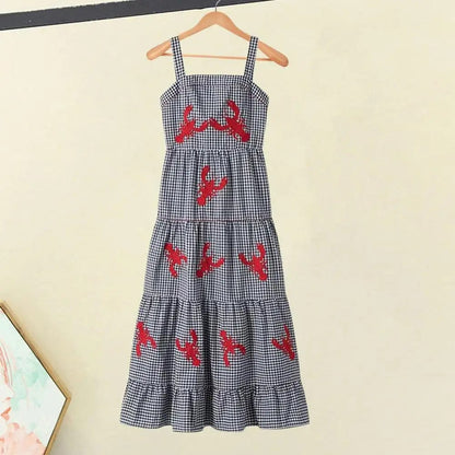 Eleganza Italiana Retro Style Midi Dress Embroidered Lobster Plaid Midi Dress for Summer Vacation A-line Style with Square Neck Loose Hem Soft Streetwear high fashion shein amazon temu target Walmart online