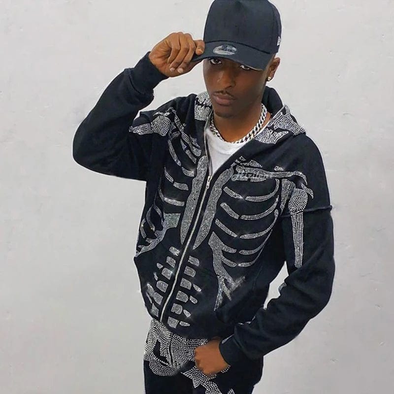 Eleganza Italiana Rhinestone Full Zip Hoodie Skeleton Goth Sweatshirt Pull Long Sleeve Black Hoodies Y2k Fashion Men&