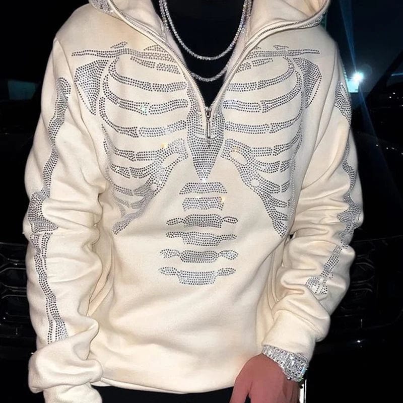 Eleganza Italiana Rhinestone Full Zip Hoodie Skeleton Goth Sweatshirt Pull Long Sleeve Black Hoodies Y2k Fashion Men&