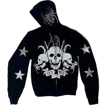 Eleganza Italiana Rhinestone Full Zip Hoodie Skeleton Goth Sweatshirt Pull Long Sleeve Black Hoodies Y2k Fashion Men&