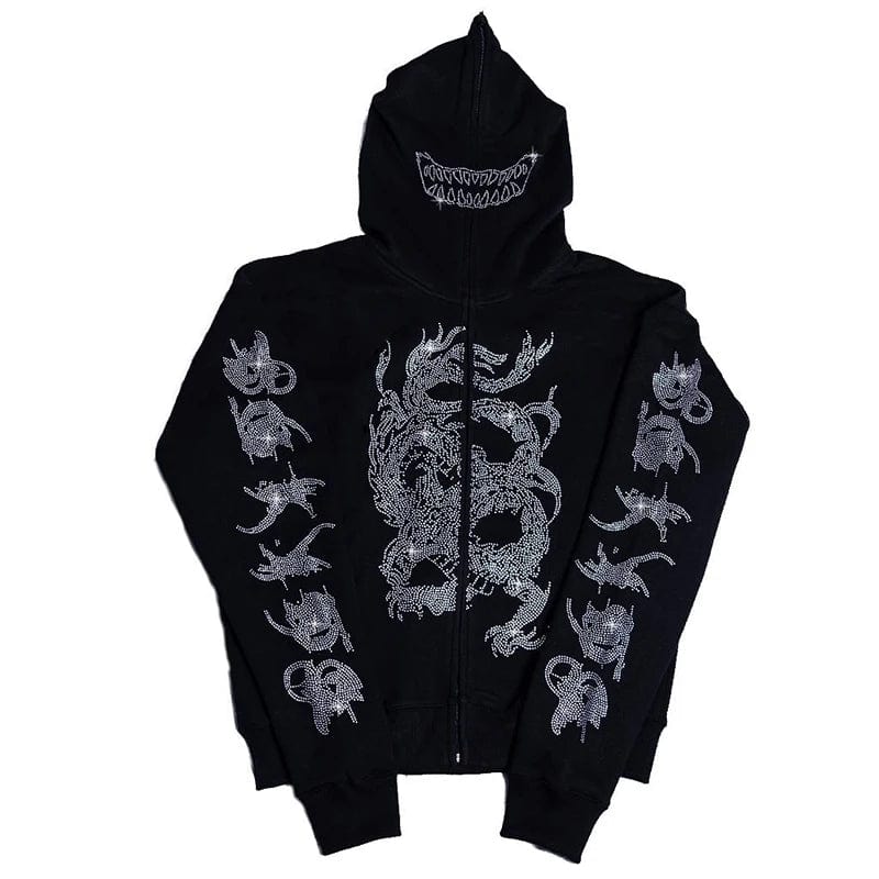 Eleganza Italiana Rhinestone Full Zip Hoodie Skeleton Goth Sweatshirt Pull Long Sleeve Black Hoodies Y2k Fashion Men&