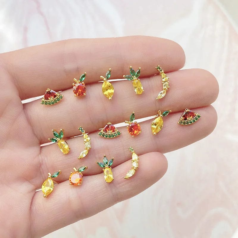 Eleganza Italiana S925 Anti-allergy Post 18k Gold Plated Zircon Studs Fashion Crystal Pineapple Banana Peach Apple Lemon Fruit Stud Earrings Streetwear high fashion shein amazon temu target Walmart online