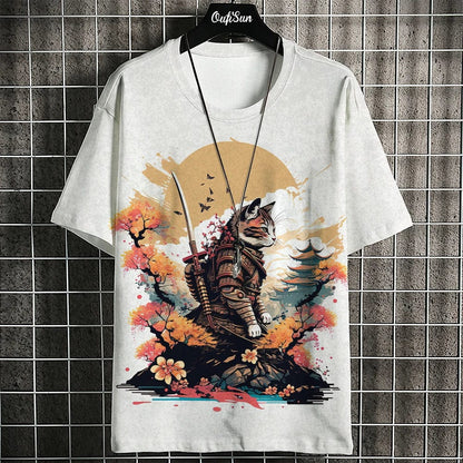 Eleganza Italiana Samurai Cat T-Shirt For Men Summer Trendy Japanese Short Sleeve Tees Oversized Streetwear Casual Sweatshirt Male Clothing Tops Streetwear high fashion shein amazon temu target Walmart online