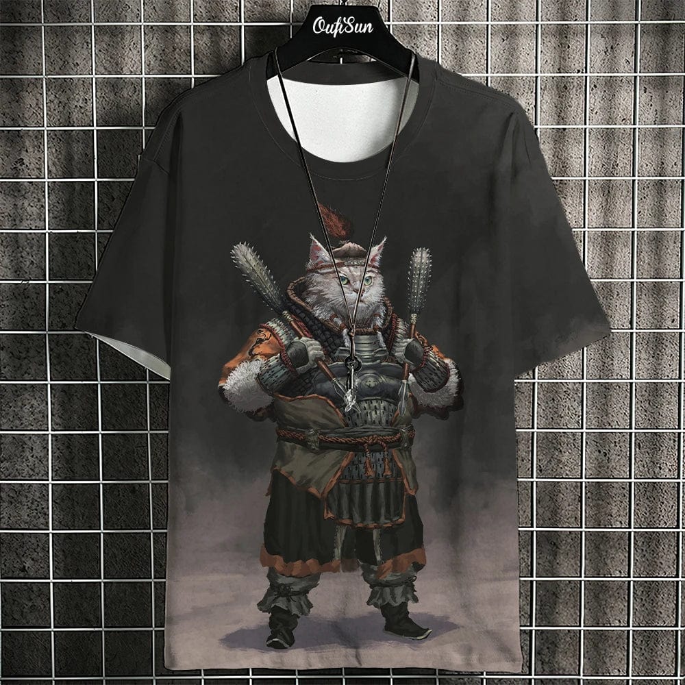 Eleganza Italiana Samurai Cat T-Shirt For Men Summer Trendy Japanese Short Sleeve Tees Oversized Streetwear Casual Sweatshirt Male Clothing Tops Streetwear high fashion shein amazon temu target Walmart online