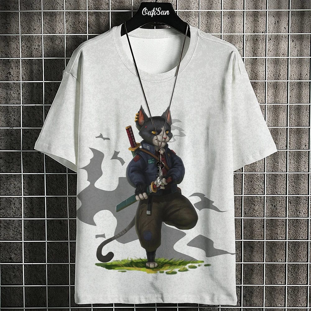 Eleganza Italiana Samurai Cat T-Shirt For Men Summer Trendy Japanese Short Sleeve Tees Oversized Streetwear Casual Sweatshirt Male Clothing Tops Streetwear high fashion shein amazon temu target Walmart online