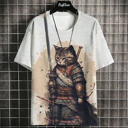 Eleganza Italiana Samurai Cat T-Shirt For Men Summer Trendy Japanese Short Sleeve Tees Oversized Streetwear Casual Sweatshirt Male Clothing Tops Streetwear high fashion shein amazon temu target Walmart online