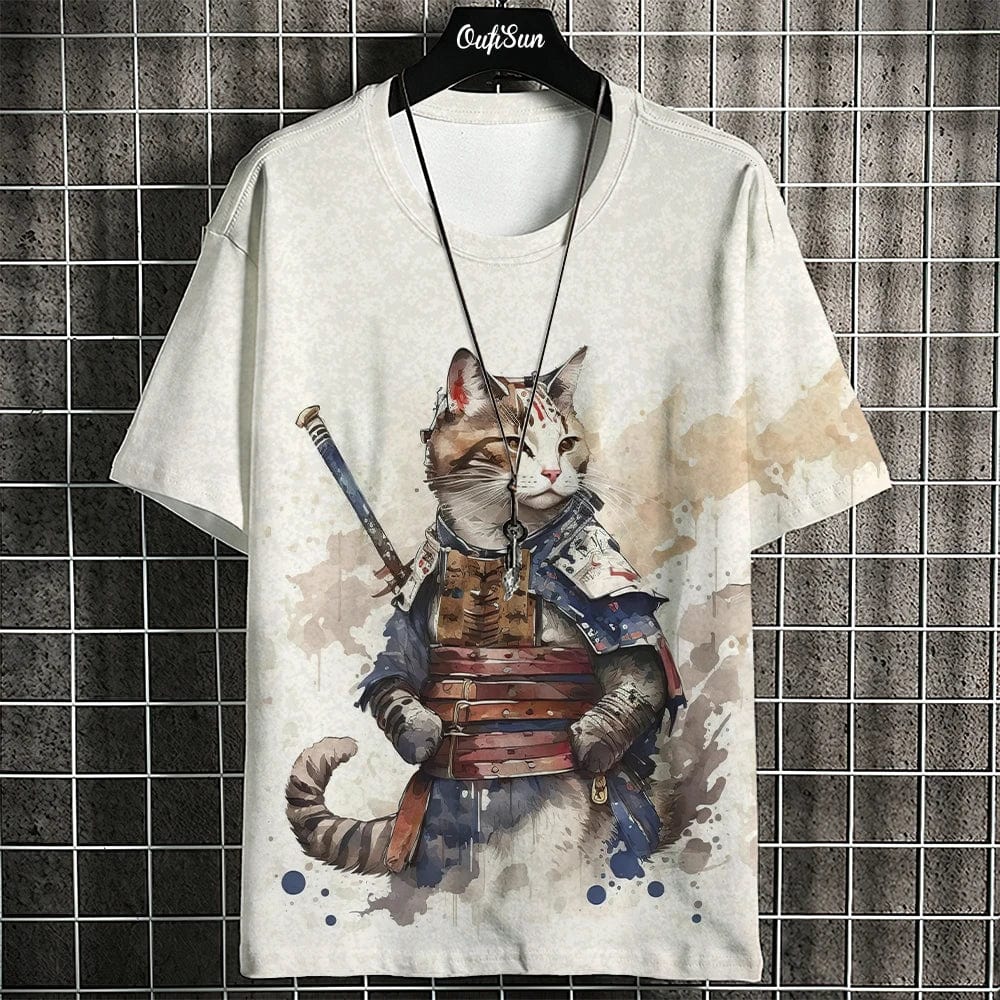 Eleganza Italiana Samurai Cat T-Shirt For Men Summer Trendy Japanese Short Sleeve Tees Oversized Streetwear Casual Sweatshirt Male Clothing Tops Streetwear high fashion shein amazon temu target Walmart online