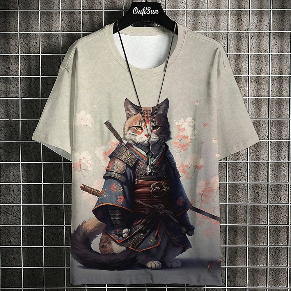 Eleganza Italiana Samurai Cat T-Shirt For Men Summer Trendy Japanese Short Sleeve Tees Oversized Streetwear Casual Sweatshirt Male Clothing Tops Streetwear high fashion shein amazon temu target Walmart online