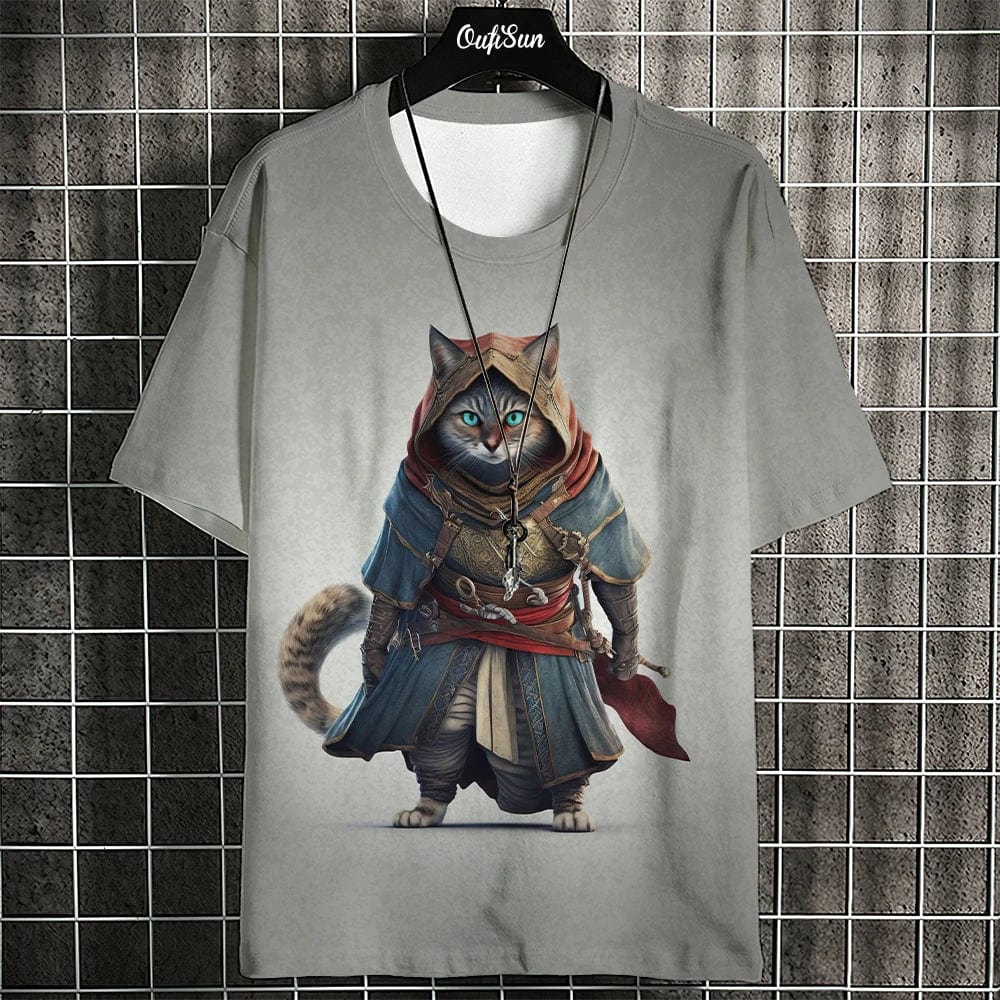 Eleganza Italiana Samurai Cat T-Shirt For Men Summer Trendy Japanese Short Sleeve Tees Oversized Streetwear Casual Sweatshirt Male Clothing Tops Streetwear high fashion shein amazon temu target Walmart online