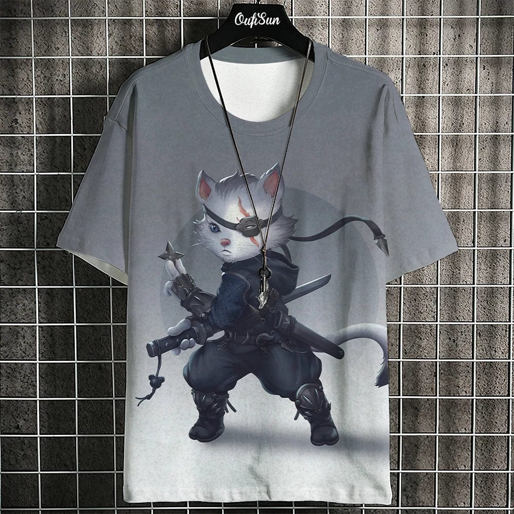 Eleganza Italiana Samurai Cat T-Shirt For Men Summer Trendy Japanese Short Sleeve Tees Oversized Streetwear Casual Sweatshirt Male Clothing Tops Streetwear high fashion shein amazon temu target Walmart online