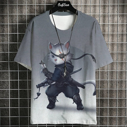 Eleganza Italiana Samurai Cat T-Shirt For Men Summer Trendy Japanese Short Sleeve Tees Oversized Streetwear Casual Sweatshirt Male Clothing Tops Streetwear high fashion shein amazon temu target Walmart online