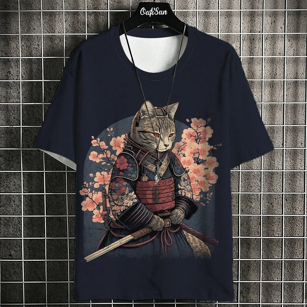 Eleganza Italiana Samurai Cat T-Shirt For Men Summer Trendy Japanese Short Sleeve Tees Oversized Streetwear Casual Sweatshirt Male Clothing Tops Streetwear high fashion shein amazon temu target Walmart online