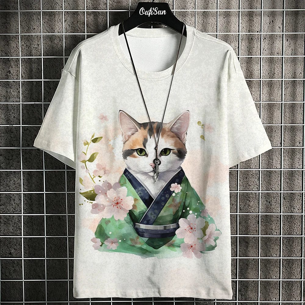 Eleganza Italiana Samurai Cat T-Shirt For Men Summer Trendy Japanese Short Sleeve Tees Oversized Streetwear Casual Sweatshirt Male Clothing Tops Streetwear high fashion shein amazon temu target Walmart online