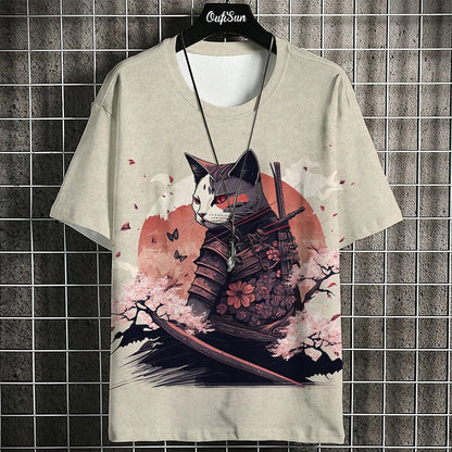 Eleganza Italiana Samurai Cat T-Shirt For Men Summer Trendy Japanese Short Sleeve Tees Oversized Streetwear Casual Sweatshirt Male Clothing Tops Streetwear high fashion shein amazon temu target Walmart online