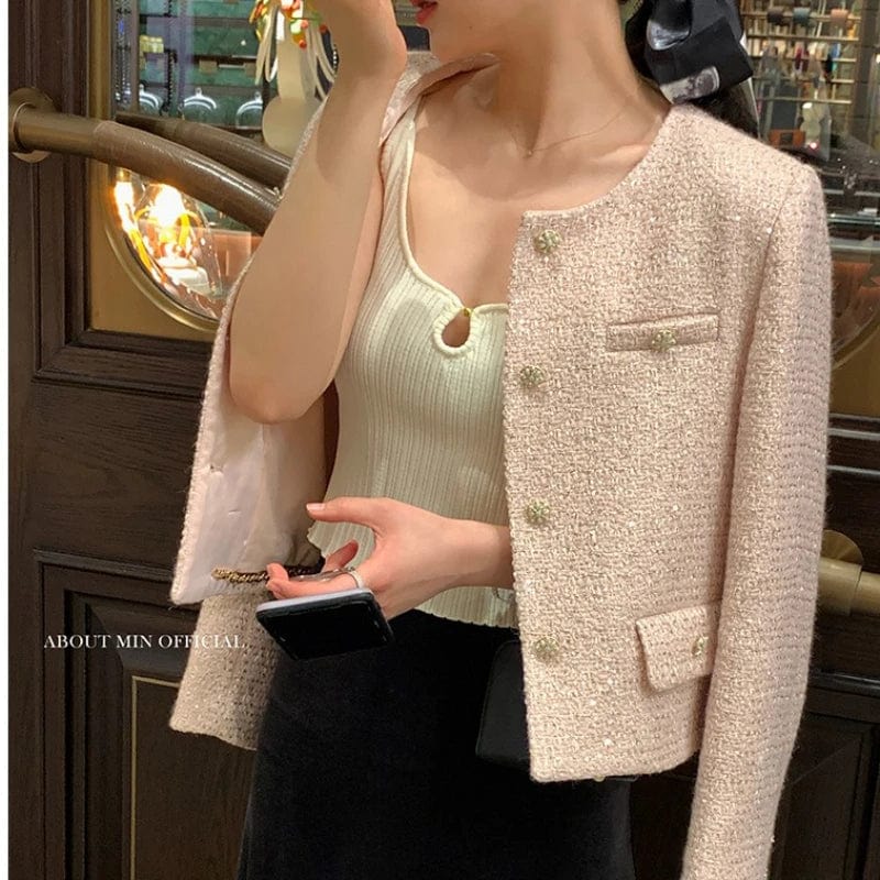 Eleganza Italiana Small Fragrance Runway Fall Winter French Tweed Wool Sweet Pink Jackets Coat Women&