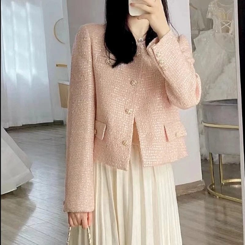 Eleganza Italiana Small Fragrance Runway Fall Winter French Tweed Wool Sweet Pink Jackets Coat Women&