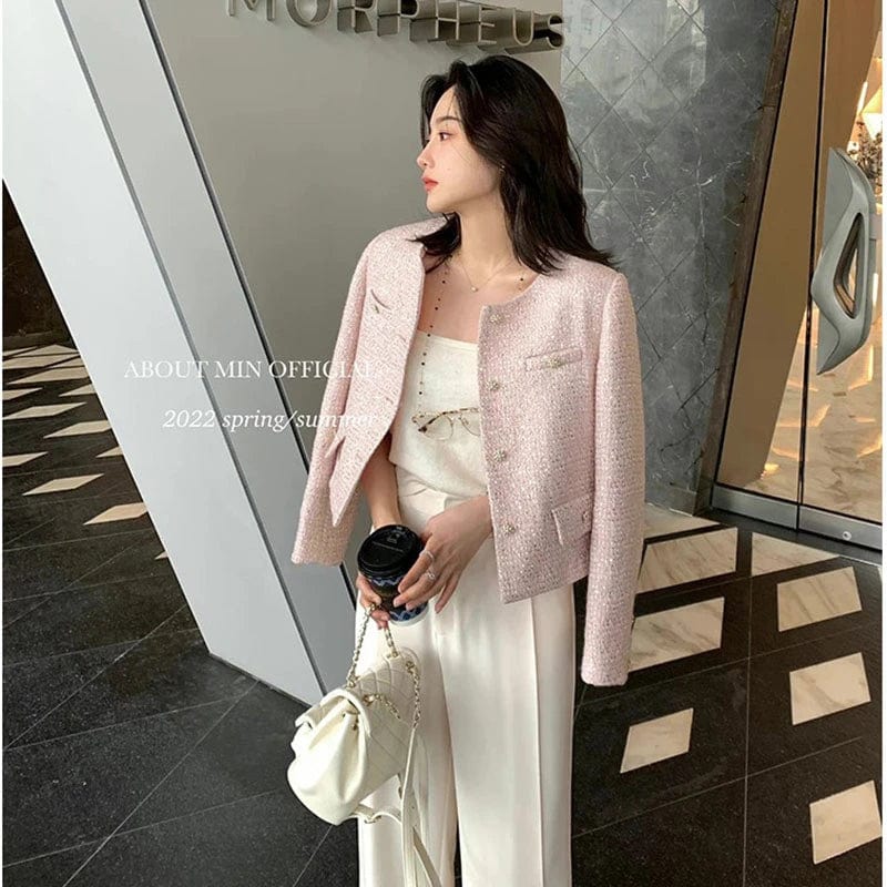 Eleganza Italiana Small Fragrance Runway Fall Winter French Tweed Wool Sweet Pink Jackets Coat Women&