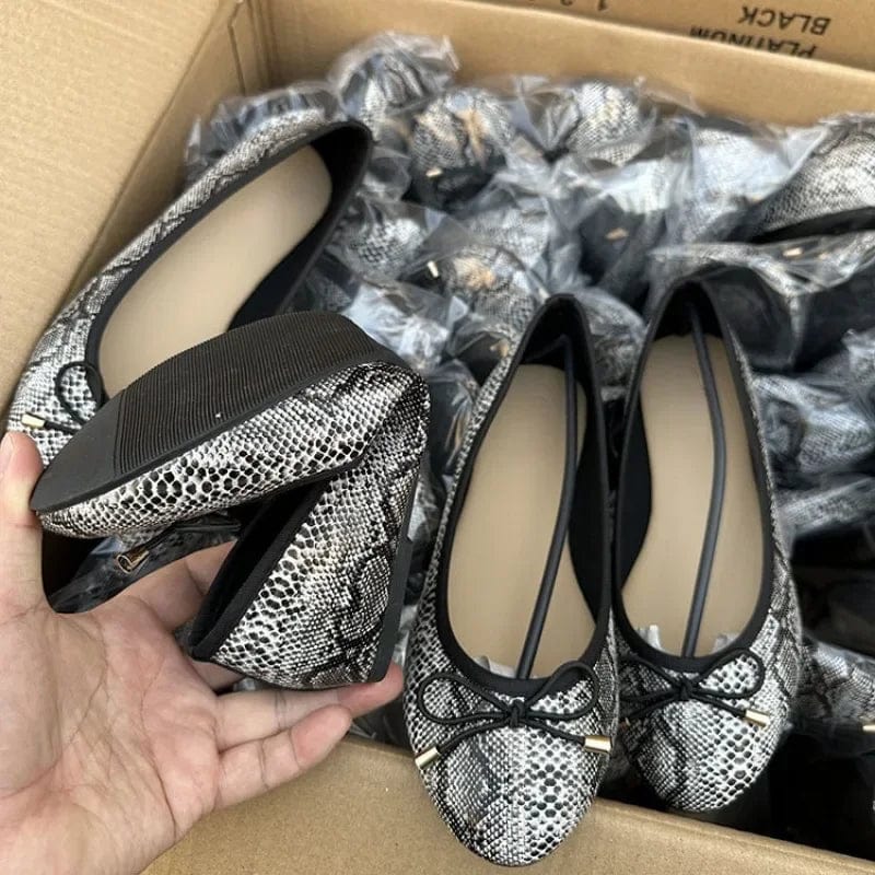 Eleganza Italiana Snake Print Glossy Mary Janes Shoes Women Bow Tie Shallow Pu Leather Ballet Flats Shoes Ladies Soft Casual Streetwear Loafers Streetwear high fashion shein amazon temu target Walmart online