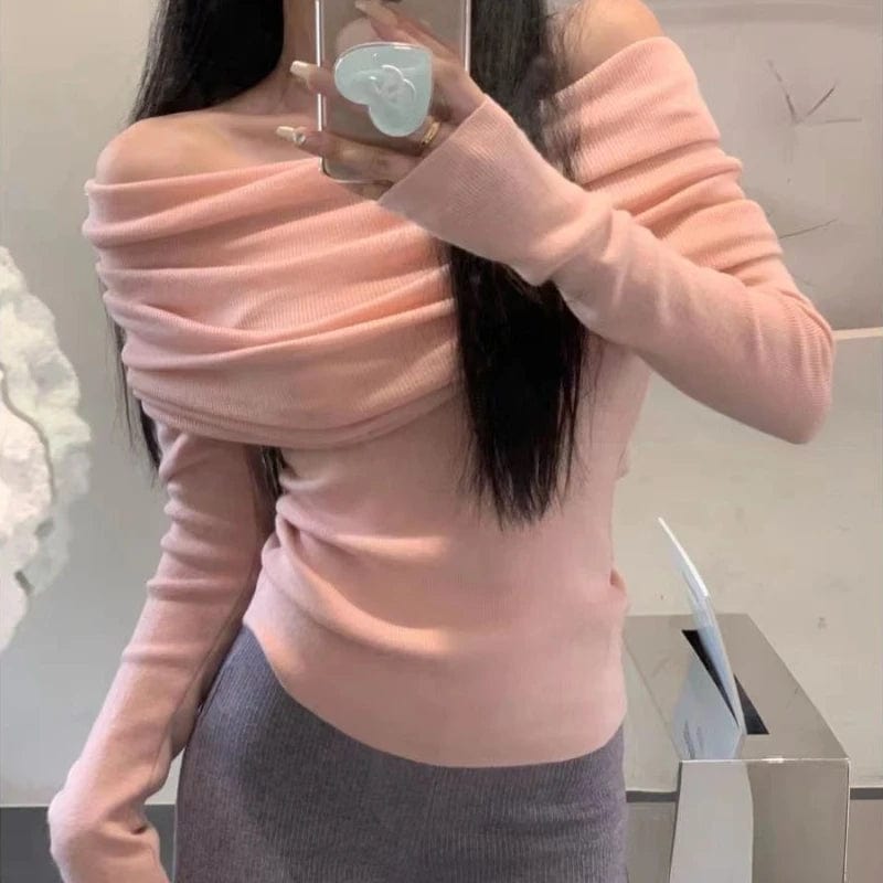 Eleganza Italiana Solid T-Shirts Women Slim Fit Knitted Off-shoulder All-match Long Sleeve Korean Fashion Gentle Stylish Autumn Casual Simple Y2k Streetwear high fashion shein amazon temu target Walmart online