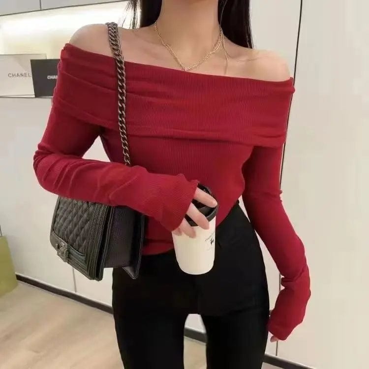 Eleganza Italiana Solid T-Shirts Women Slim Fit Knitted Off-shoulder All-match Long Sleeve Korean Fashion Gentle Stylish Autumn Casual Simple Y2k Streetwear high fashion shein amazon temu target Walmart online