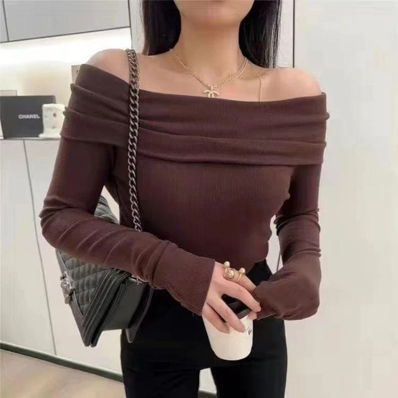 Eleganza Italiana Solid T-Shirts Women Slim Fit Knitted Off-shoulder All-match Long Sleeve Korean Fashion Gentle Stylish Autumn Casual Simple Y2k Streetwear high fashion shein amazon temu target Walmart online