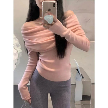 Eleganza Italiana Solid T-Shirts Women Slim Fit Knitted Off-shoulder All-match Long Sleeve Korean Fashion Gentle Stylish Autumn Casual Simple Y2k Streetwear high fashion shein amazon temu target Walmart online