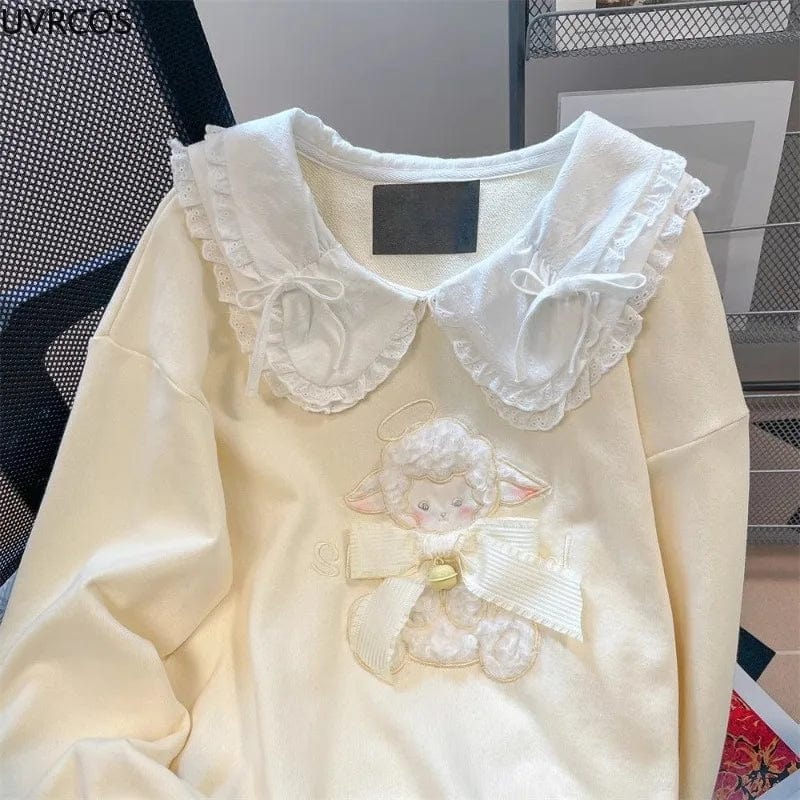 Eleganza Italiana Spring Autumn Kawaii Lolita Sweatshirts Women Cute Cartoon Sheep Embroidery Peter Pan Collar Pullovers Coat Y2k Loose Hoodies Streetwear high fashion shein amazon temu target Walmart online