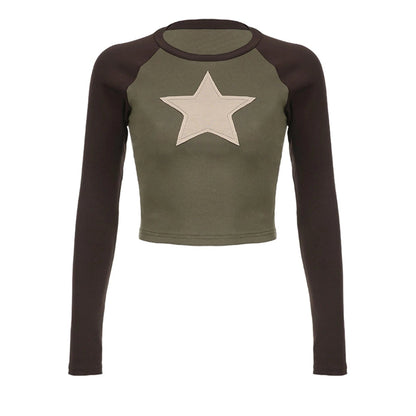 Eleganza Italiana Spring Autumn Women T-shirt Long Sleeve Crew Neck Star Patchwork Y2K Slim Fit Fall Crop Tops Streetwear Streetwear high fashion shein amazon temu target Walmart online