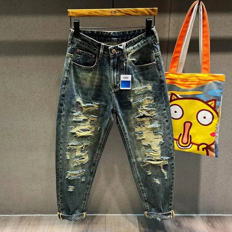 Eleganza Italiana Spring Fall Jeans for Men High Street Casual Denim Pant Cotton Straight Hole Y2k Baggy Jeans Youth Washed Retro Fashion Trousers Streetwear high fashion shein amazon temu target Walmart online