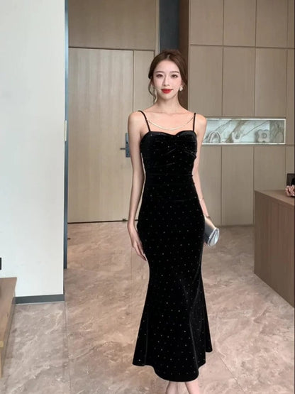 Eleganza Italiana Springtime Black Velvet Chic Sparkling Diamond Sling Long Dress Women Luxury Elegant Dress Fashion Club Evening Party Dresses Streetwear high fashion shein amazon temu target Walmart online