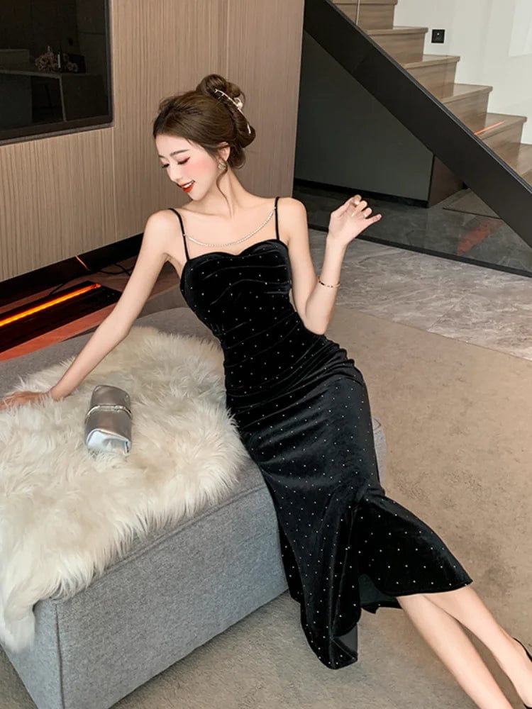 Eleganza Italiana Springtime Black Velvet Chic Sparkling Diamond Sling Long Dress Women Luxury Elegant Dress Fashion Club Evening Party Dresses Streetwear high fashion shein amazon temu target Walmart online