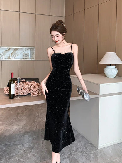 Eleganza Italiana Springtime Black Velvet Chic Sparkling Diamond Sling Long Dress Women Luxury Elegant Dress Fashion Club Evening Party Dresses Streetwear high fashion shein amazon temu target Walmart online