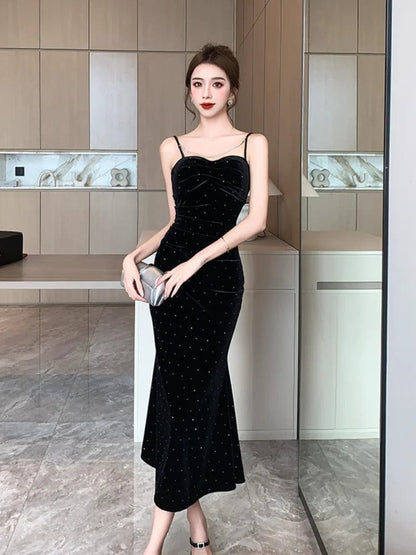 Eleganza Italiana Springtime Black Velvet Chic Sparkling Diamond Sling Long Dress Women Luxury Elegant Dress Fashion Club Evening Party Dresses Streetwear high fashion shein amazon temu target Walmart online