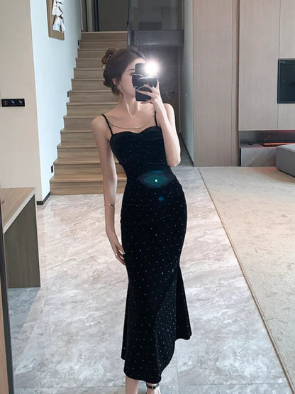 Eleganza Italiana Springtime Black Velvet Chic Sparkling Diamond Sling Long Dress Women Luxury Elegant Dress Fashion Club Evening Party Dresses Streetwear high fashion shein amazon temu target Walmart online