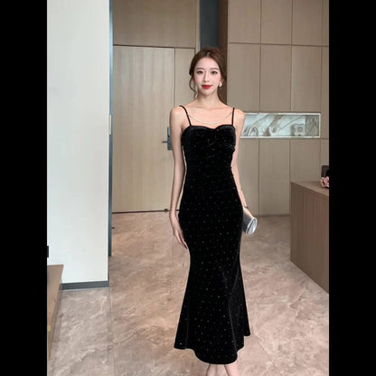 Eleganza Italiana Springtime Black Velvet Chic Sparkling Diamond Sling Long Dress Women Luxury Elegant Dress Fashion Club Evening Party Dresses Streetwear high fashion shein amazon temu target Walmart online