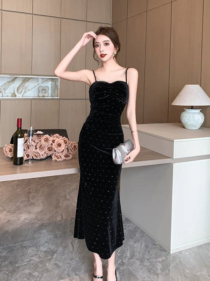 Eleganza Italiana Springtime Black Velvet Chic Sparkling Diamond Sling Long Dress Women Luxury Elegant Dress Fashion Club Evening Party Dresses Streetwear high fashion shein amazon temu target Walmart online