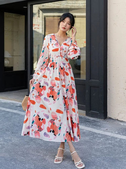 Eleganza Italiana Springtime New Women Print High Waist Pleated Long Dress Elegant Long Sleeve Casual Dresses V Neck Slim Bohemian Holiday Dress Streetwear high fashion shein amazon temu target Walmart online