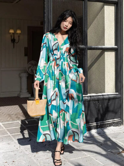 Eleganza Italiana Springtime New Women Print High Waist Pleated Long Dress Elegant Long Sleeve Casual Dresses V Neck Slim Bohemian Holiday Dress Streetwear high fashion shein amazon temu target Walmart online