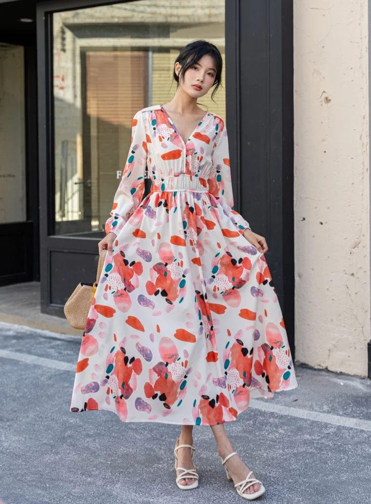 Eleganza Italiana Springtime New Women Print High Waist Pleated Long Dress Elegant Long Sleeve Casual Dresses V Neck Slim Bohemian Holiday Dress Streetwear high fashion shein amazon temu target Walmart online